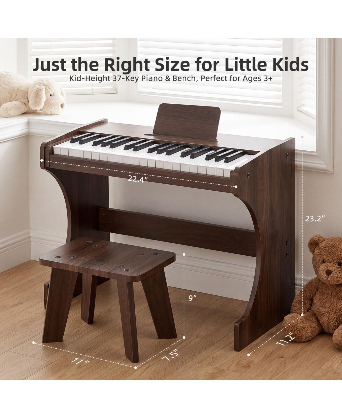 Детские игрушки SUGIFT 37-Key Wood-Grain Kids Piano with Bench, 2-Piece Set, Ages 3+, цвет: Коричневый — фото 3