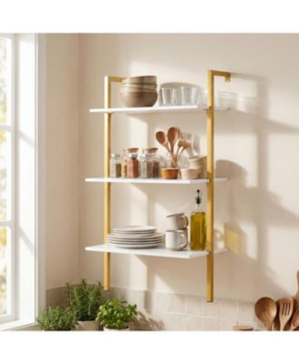 Wall Mounted Ladder Shelf, 3-Tier Floating Bookshelf, Metal and Wood Display Shelves
