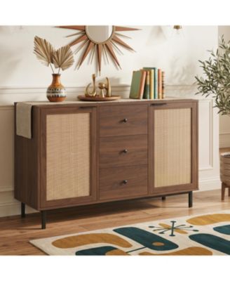 Sideboard Buffet Cabinet, Farmhouse Coffee Bar with 2 Rattan Doors and 3 Drawers