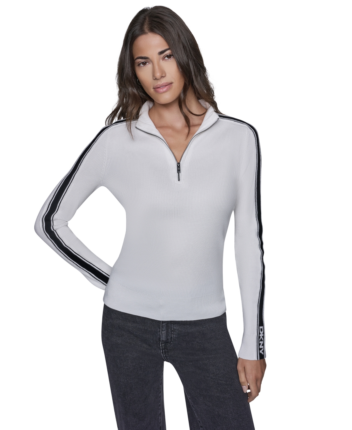 Dkny Women's Quarter-Zip Mock Neck Sweater - Ivory/Black