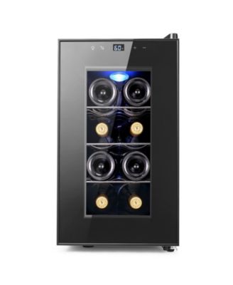 Thermoelectric Wine Cooler 8 Bottles Quiet w/ Glass Door Movable Shelf LED Light Portable Fridge For Home Kitchen Bedroom