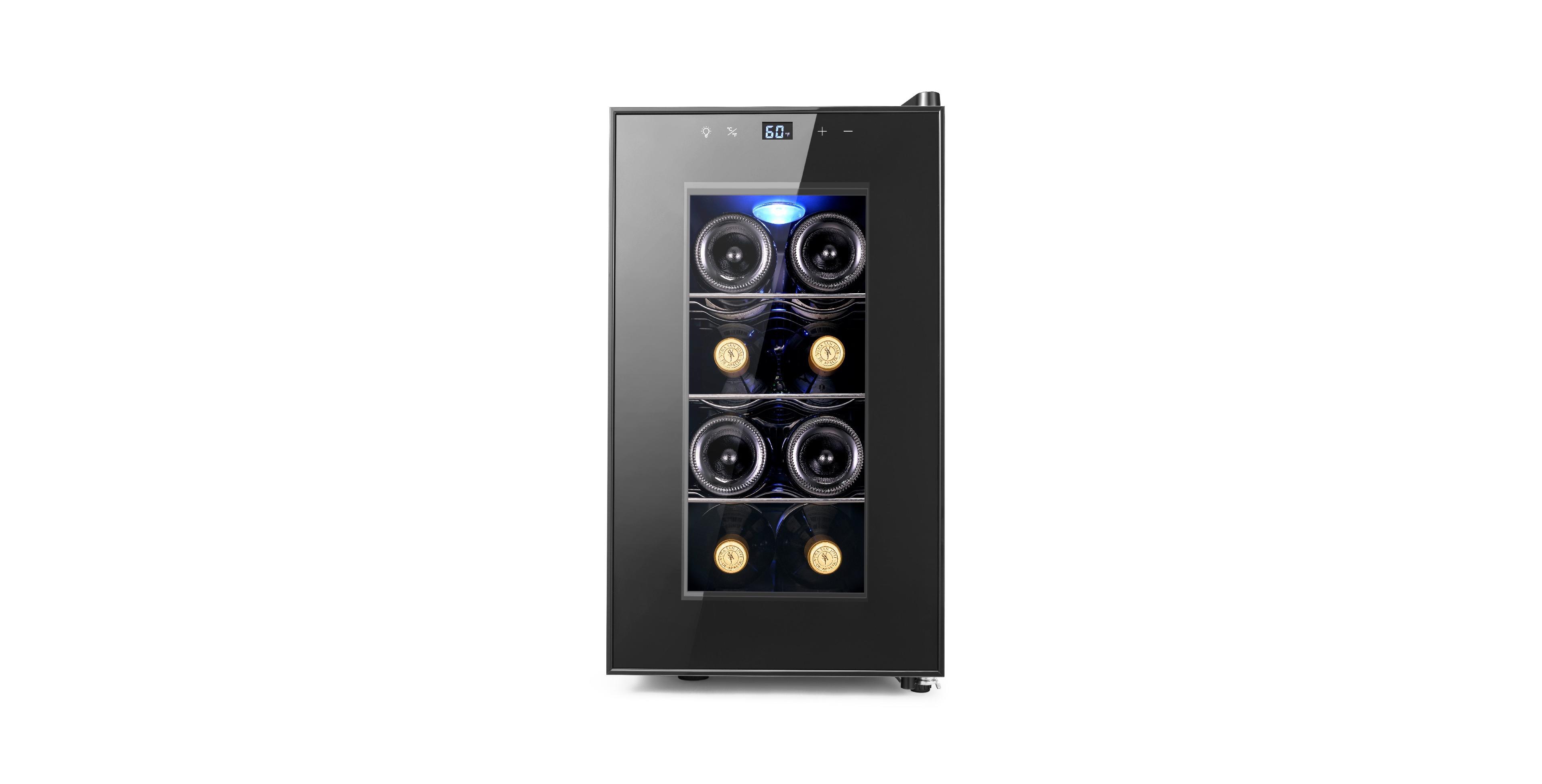 Yeego Thermoelectric Wine Cooler 8 Bottles Quiet w/ Glass Door Movable Shelf Led Light Portable Fridge For Home Kitchen Bedroom
