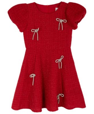 Girls' 7-16 Metallic Boucl&eacute; Puff-Sleeve Fit-and-Flare Dress