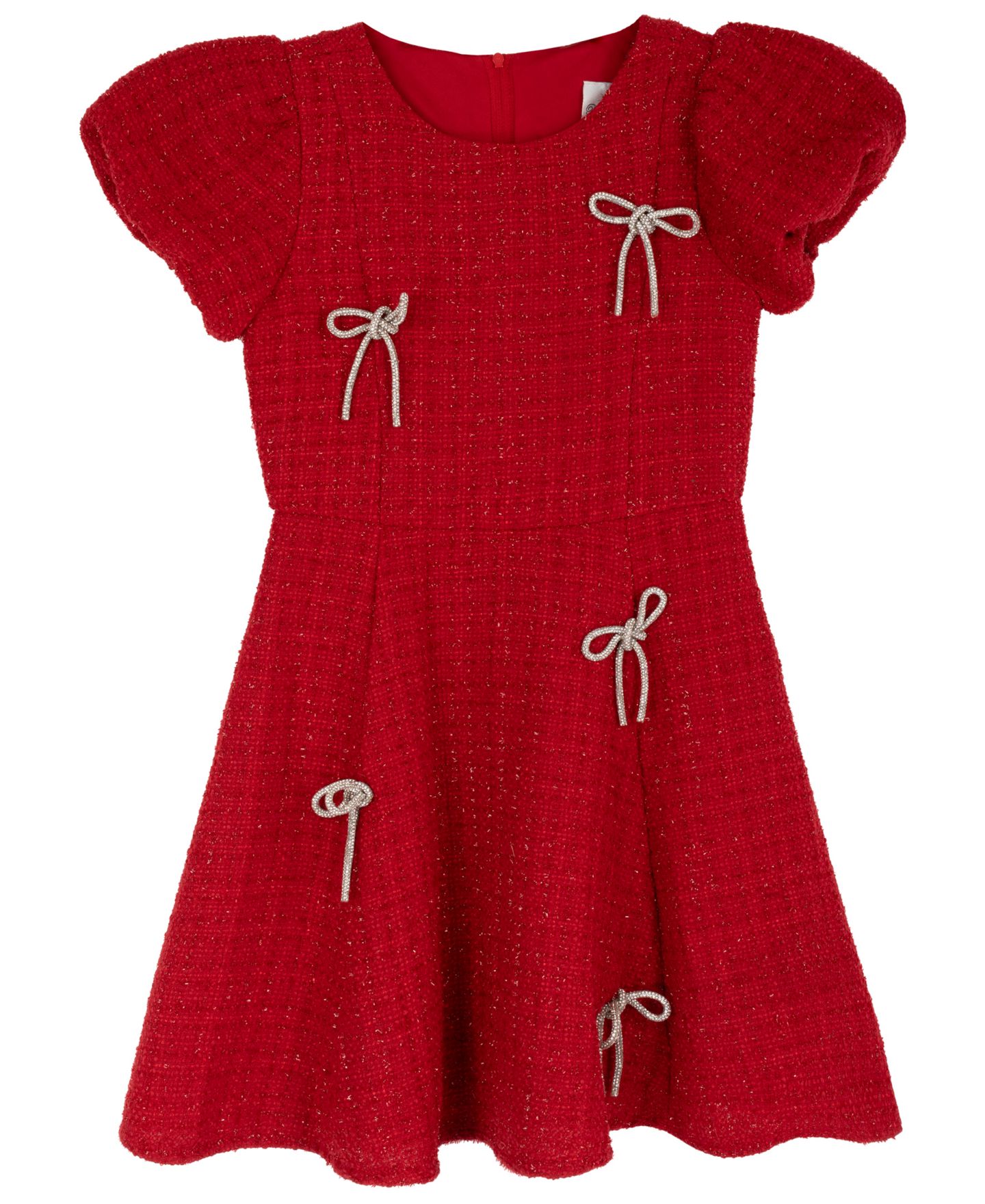 Платье Rare Editions Metallic Bouclé Puff-Sleeve Fit-and-Flare Dress для девочек, цвет: Красный — фото 1