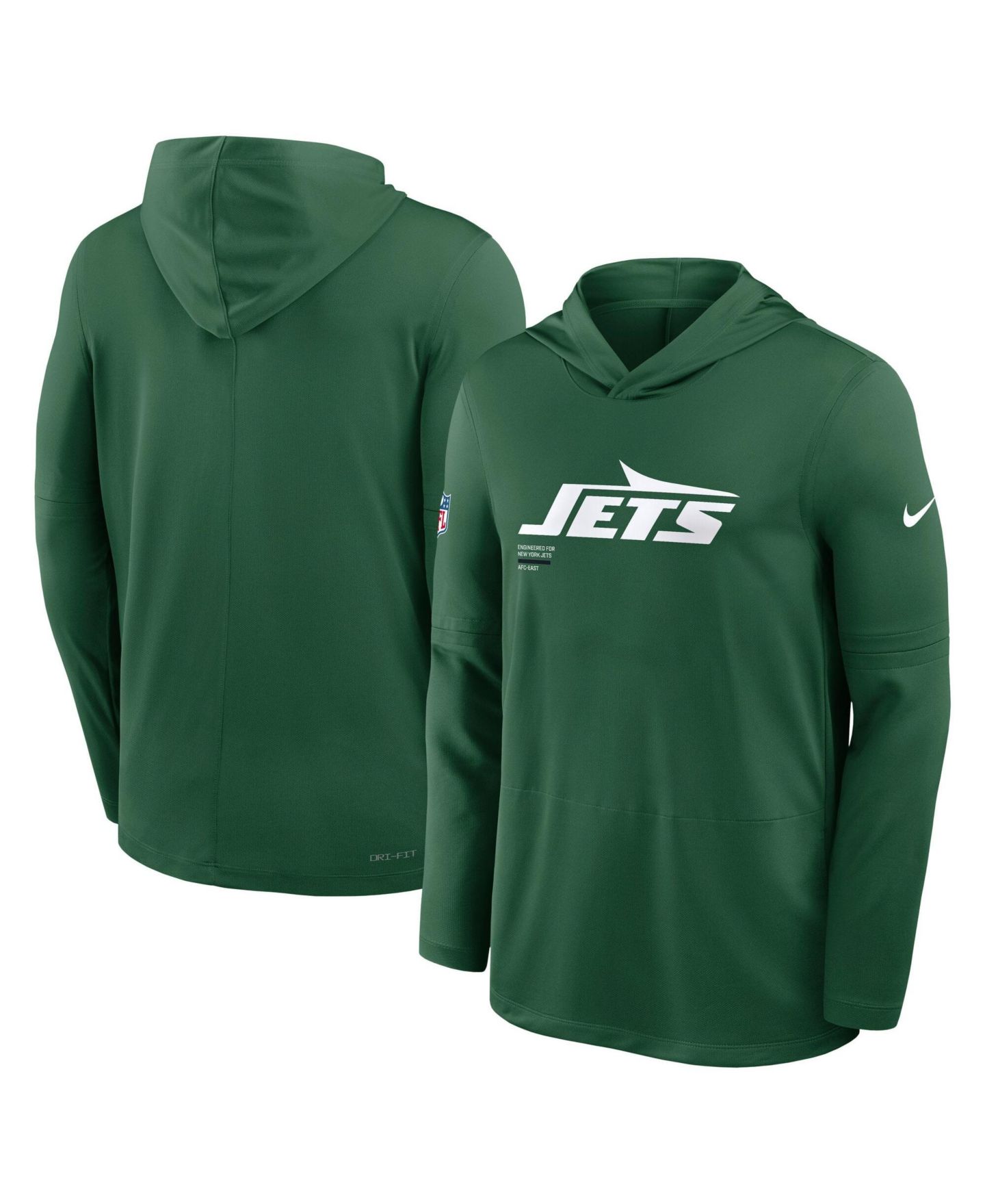 Мужская футболка Nike Green New York Jets Sideline Pure Fury Dri-FIT Long Sleeve Hooded — фото 1