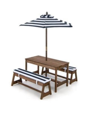 Outdoor Kids Picnic Table and Bench Set with Cushioned Chairs and Umbrella