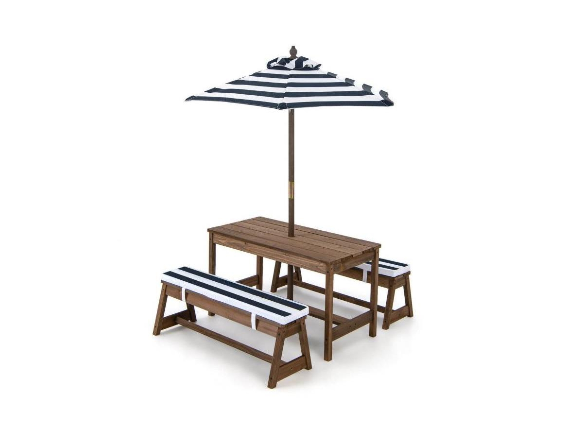 Slickblue Outdoor Kids Picnic Table and Bench Set with Cushioned Chairs and Umbrella - Navy, White, Brown
