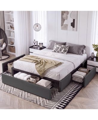 Queen Upholstered Platform Bed with 3 Storage Drawers Linen Wood Slat Support 800 lbs Capacity No Box Spring Needed for Bedroom