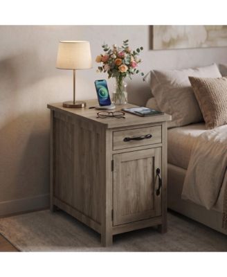 Farmhouse Living Room Table Set - 41.3" Coffee Table with 4 Drawers and Open Shelf + Flip-Top Charging End Table, Rustic Wood Grain, Metal Handles