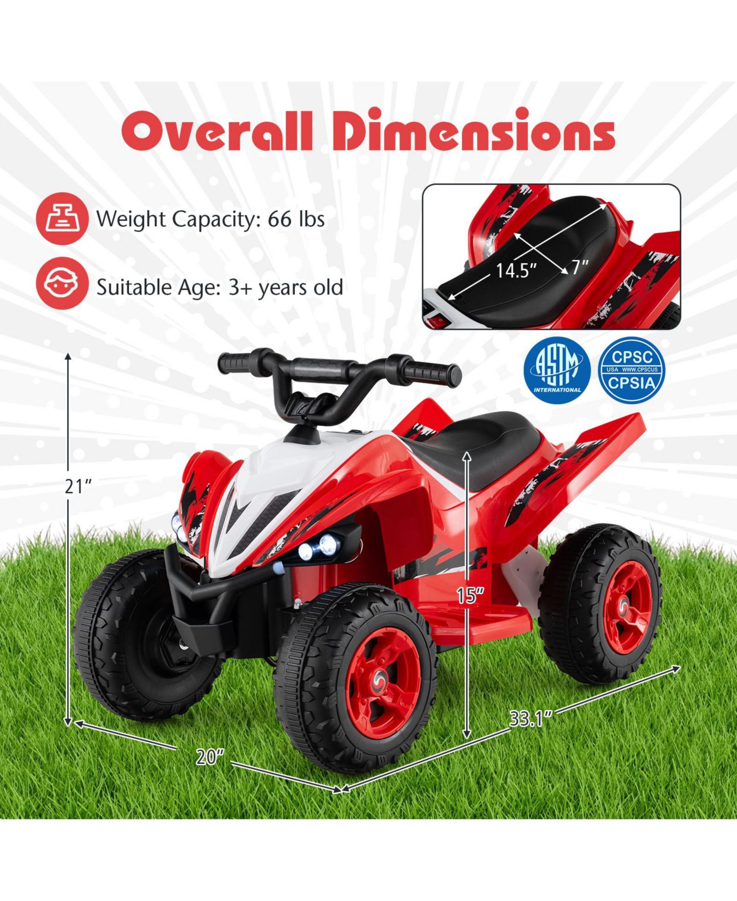 Детская игрушка SUGIFT 12V Rechargeable Ride-On ATV Quad with LED Headlights and 7 mph Max Speed, 66 lb Capacity, Ages 3+, цвет: Красный — фото 3