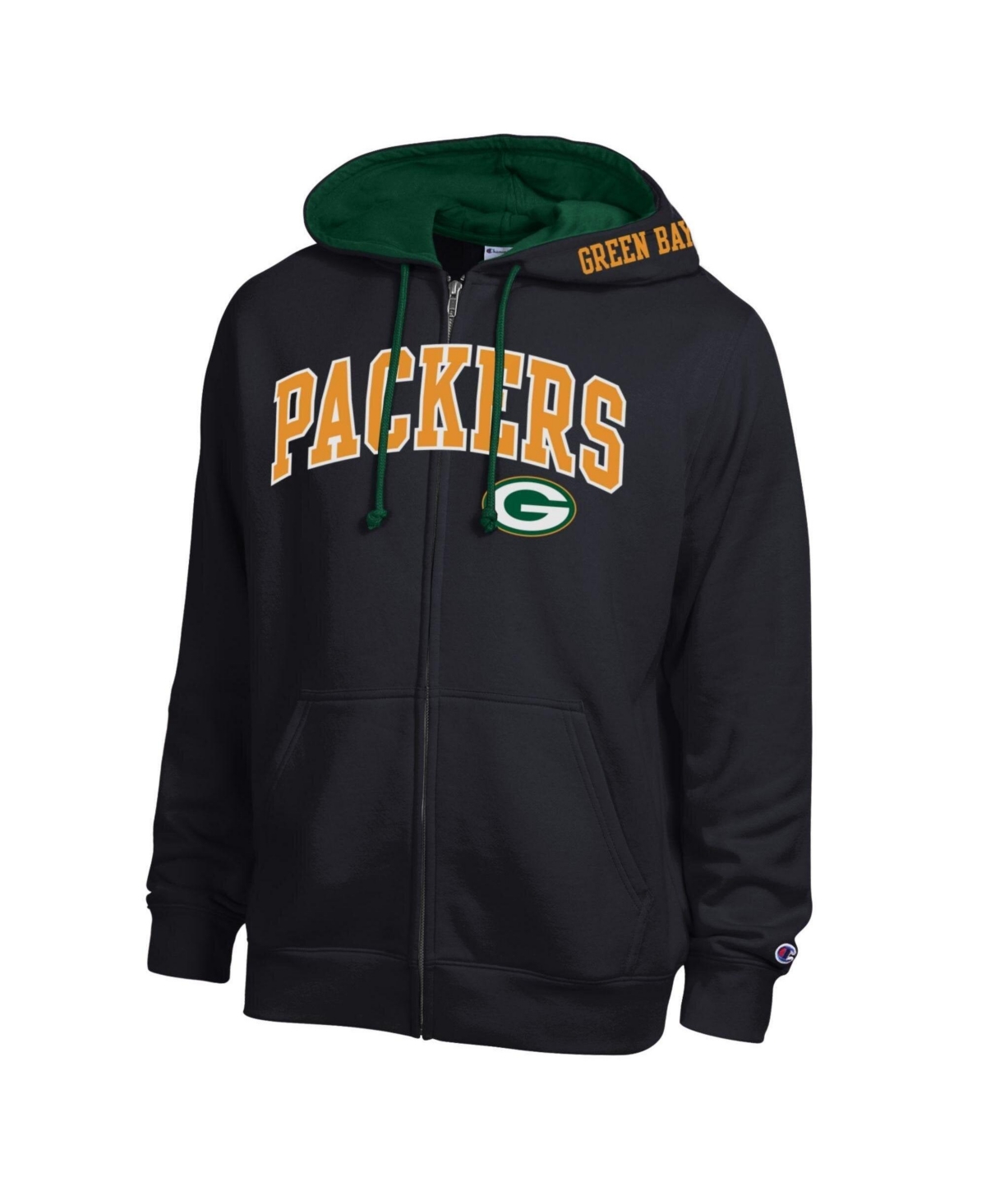 Champion Men's Black/Green Bay Packers Full-Zip Hoodie - Black