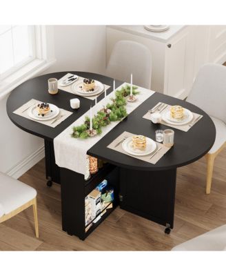 3-in-1 Folding Dining Table with Wine Rack and Cup Holder Lockable Casters, Drop Leaf Oval Folding Kitchen Table for Small Spaces