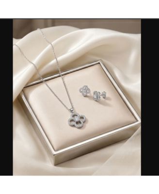 White Gold Plated Cubic Zirconia Flower Clover Earrings & Necklace - Jewelry Collection