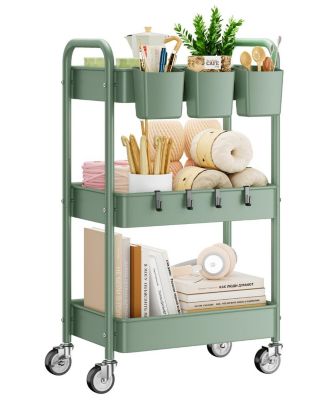 3 Tier Metal Rolling Utility Cart Heavy Duty Storage With Wheels Hooks And Hanging Cups