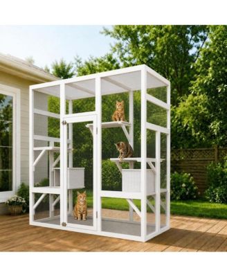 70'' Catio Outdoor Cat House, Large Walk-in Enclosure for Multiple Cats with Waterproof Cover, Platforms and 2 Resting Boxes