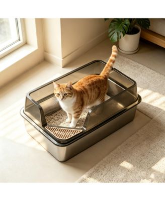 Stainless Steel Cat Litter Box with Splash Guard, Large Open Top Tray for Adult Cats, 23.62"L x 15.75"W x 10.63"H