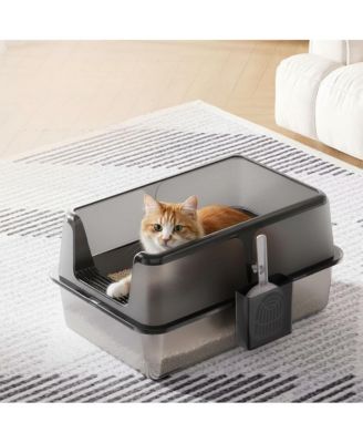Extra Large Covered Stainless Steel Litter Box, High-Sided Non-Stick Leak-Proof Tray, Reduces Mess, Scoop Included, 23.62" x 15.75" x 14"