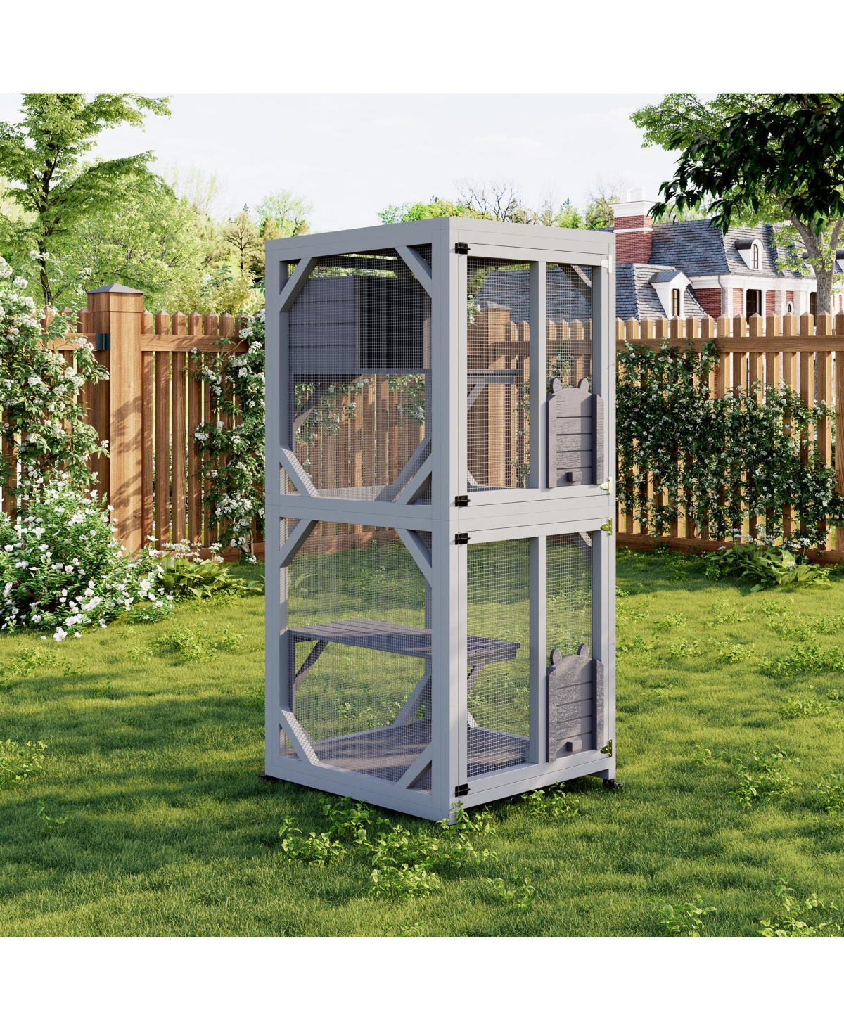 Lalfpet 68" Large Outdoor Catio Enclosure on Wheels, Waterproof Cat House with Platforms, Resting Box and Scratching Post