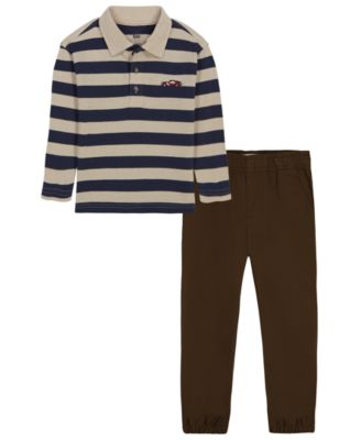 Toddler Boys' 2T-4T Long-Sleeve Striped Polo Shirt and Elastic-Waist Pants, 2-Piece Set