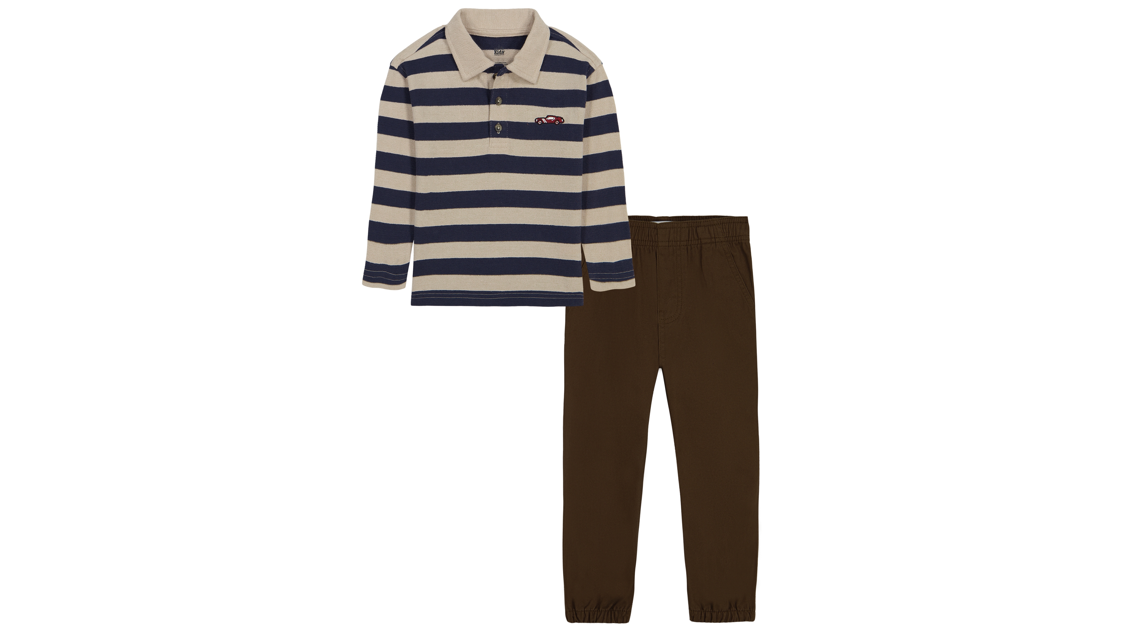 Kids Headquarters Toddler Boys' 2T-4T Long-Sleeve Striped Polo Shirt and Elastic-Waist Pants, 2-Piece Set