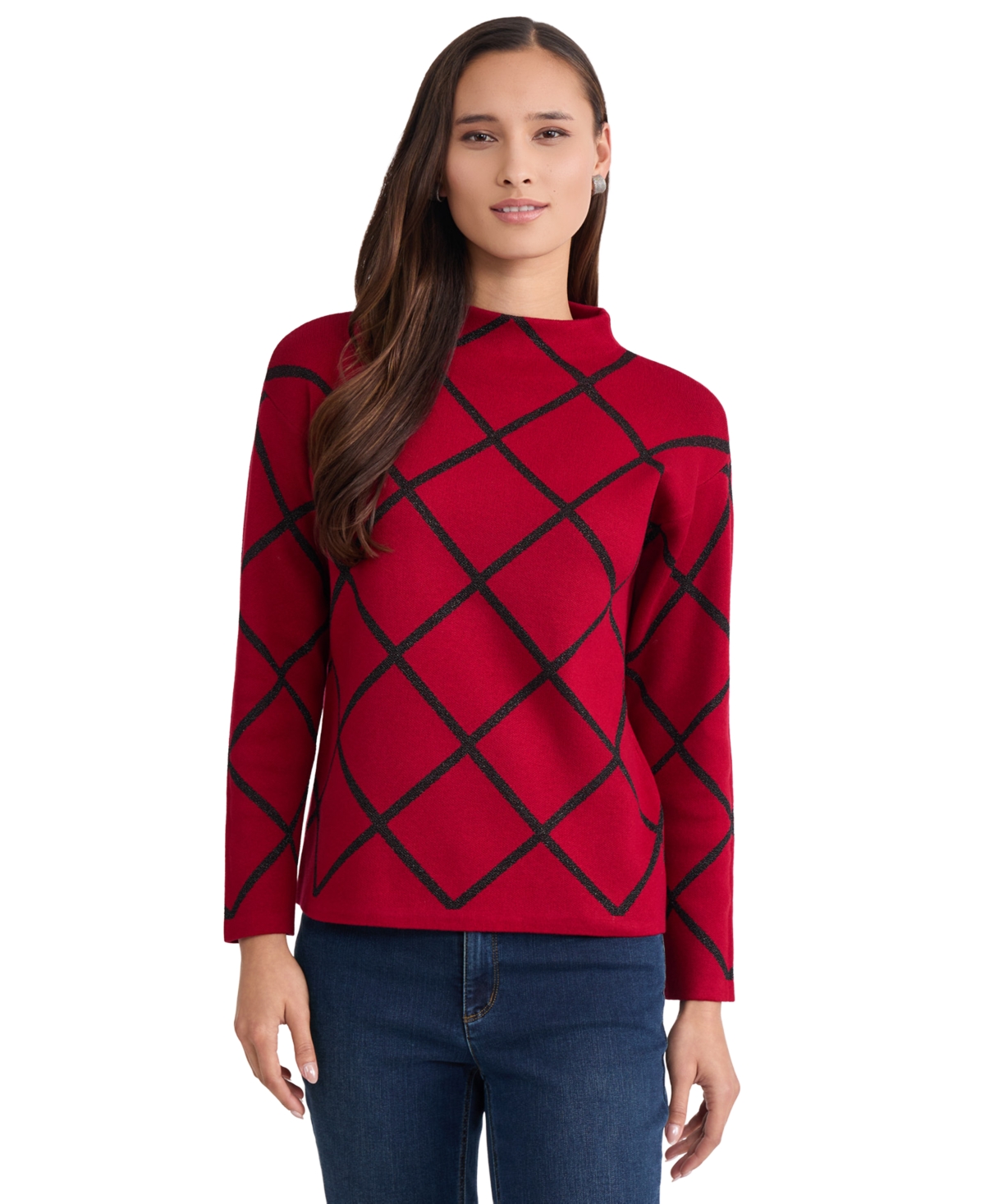 Jones New York Petite Lurex Diamond Funnel-Neck Long-Sleeve Sweater - Venetian Red/Black