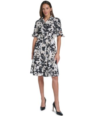 Women's Floral 3/4-Sleeve Self-Tie Shirt Dress