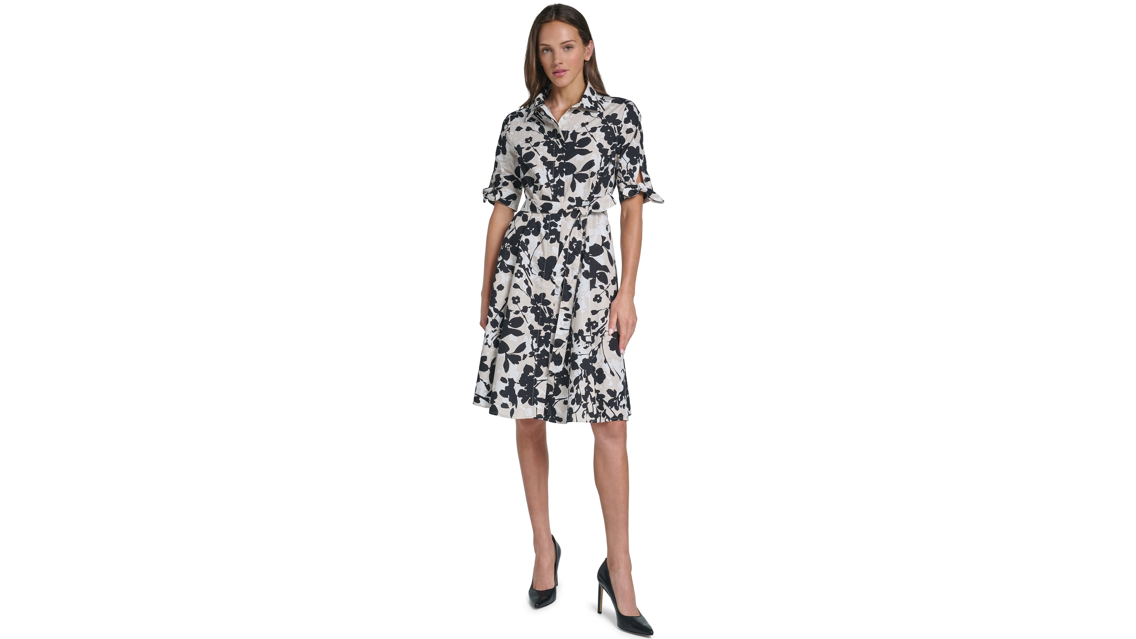 Calvin Klein Women's Floral 3/4-Sleeve Self-Tie Shirt Dress