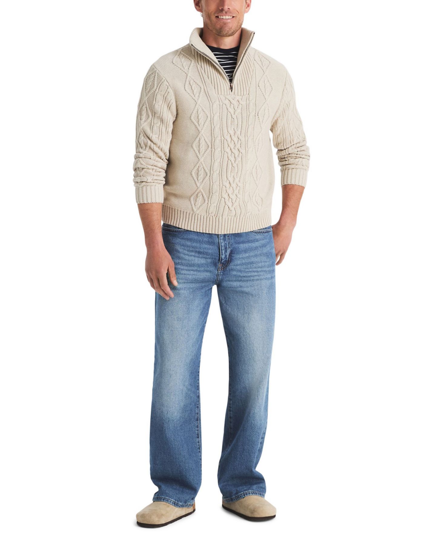 Мужской свитер Nautica Cable-Knit Quarter-Zip Stone-Washed, цвет: Овсяный меланжевый — фото 2