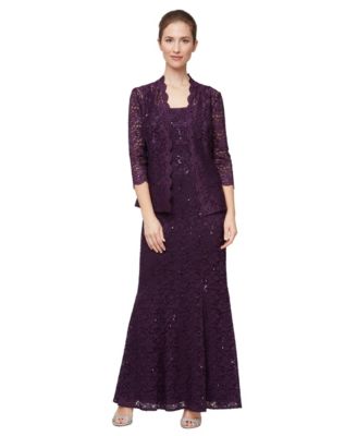 Petite Long Fit & Flare Sequins Scoop Neck Lace Dress and Jacket, 2-Piece Set