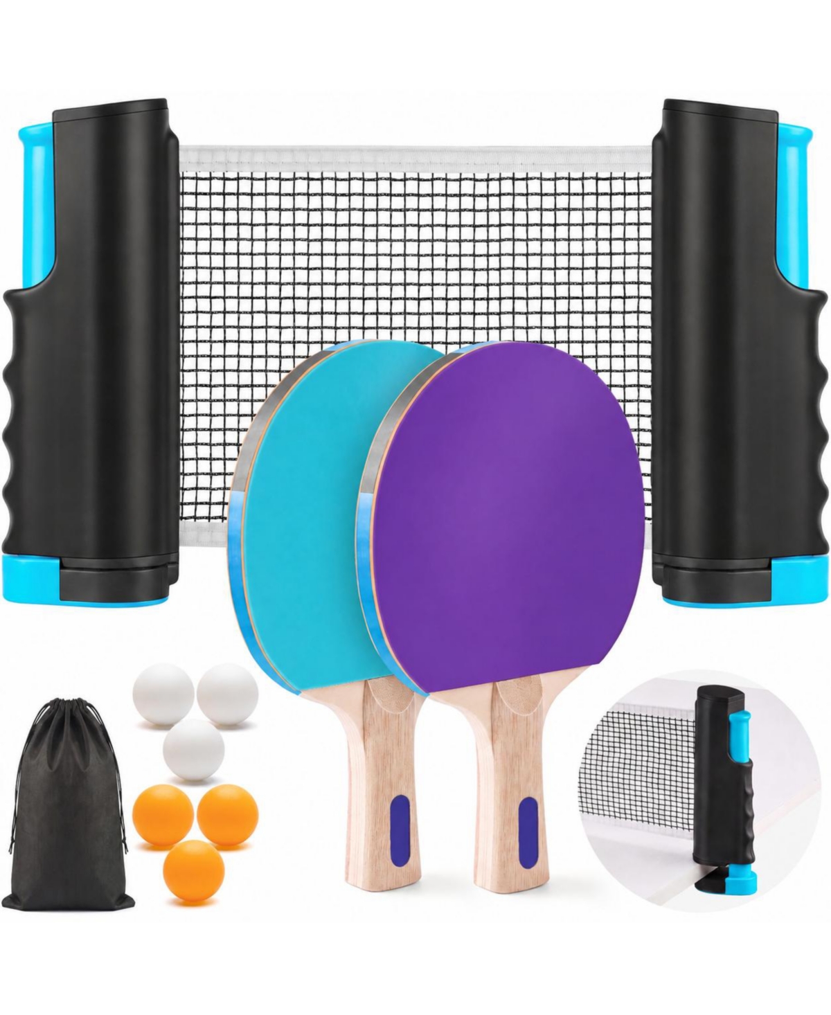 Sportneer Portable Ping Pong Paddle Set With Retractable Net Rackets Balls Carry Bag For Indoor Outdoor Games - Purple/blue
