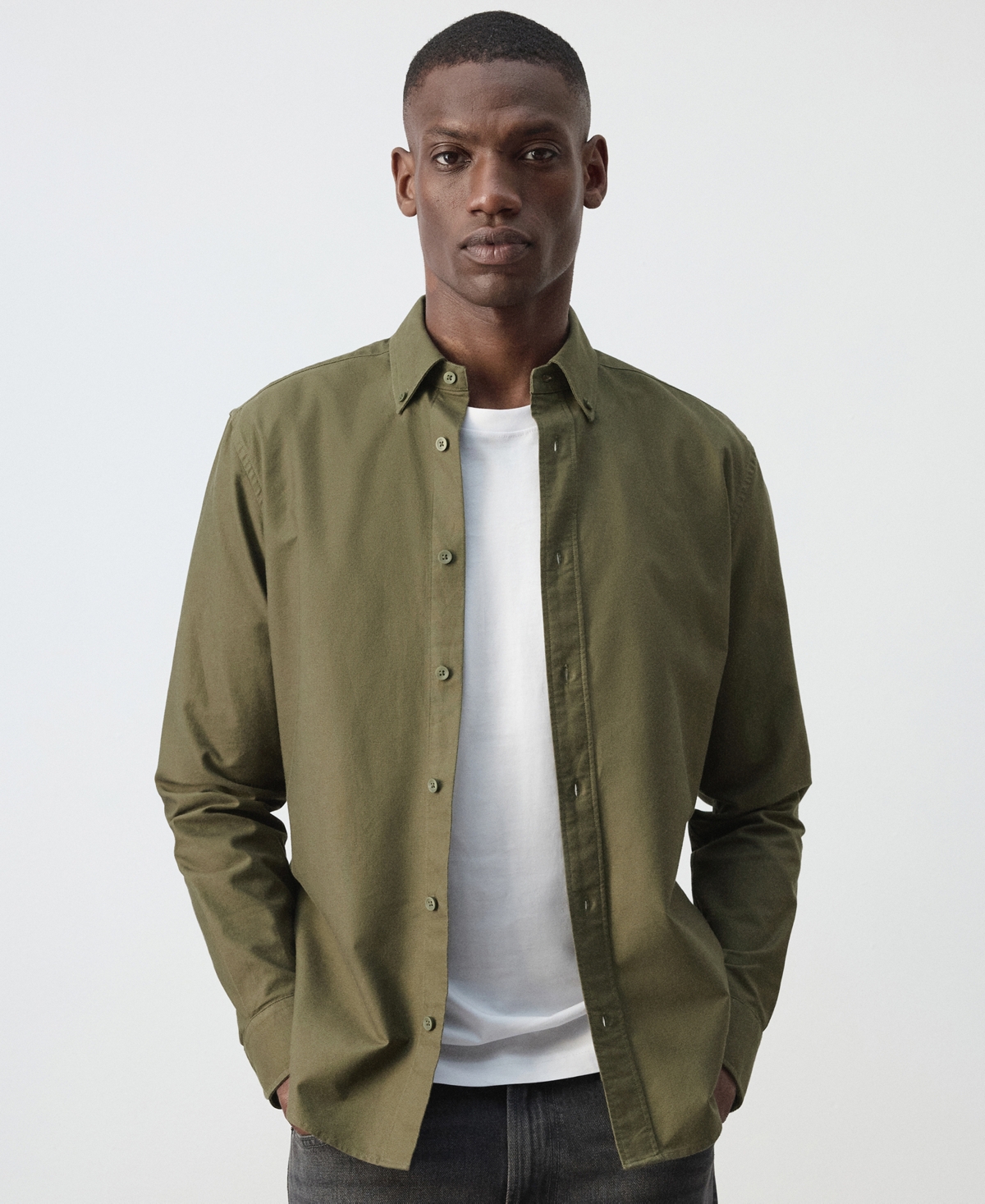 Mango Men's Button-Down Long-Sleeve Cotton Oxford Shirt - Khaki