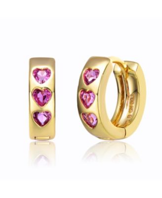 Sparkling 14K Gold Plated Triple Pink Heart Cubic Zirconia Hoop Earrings