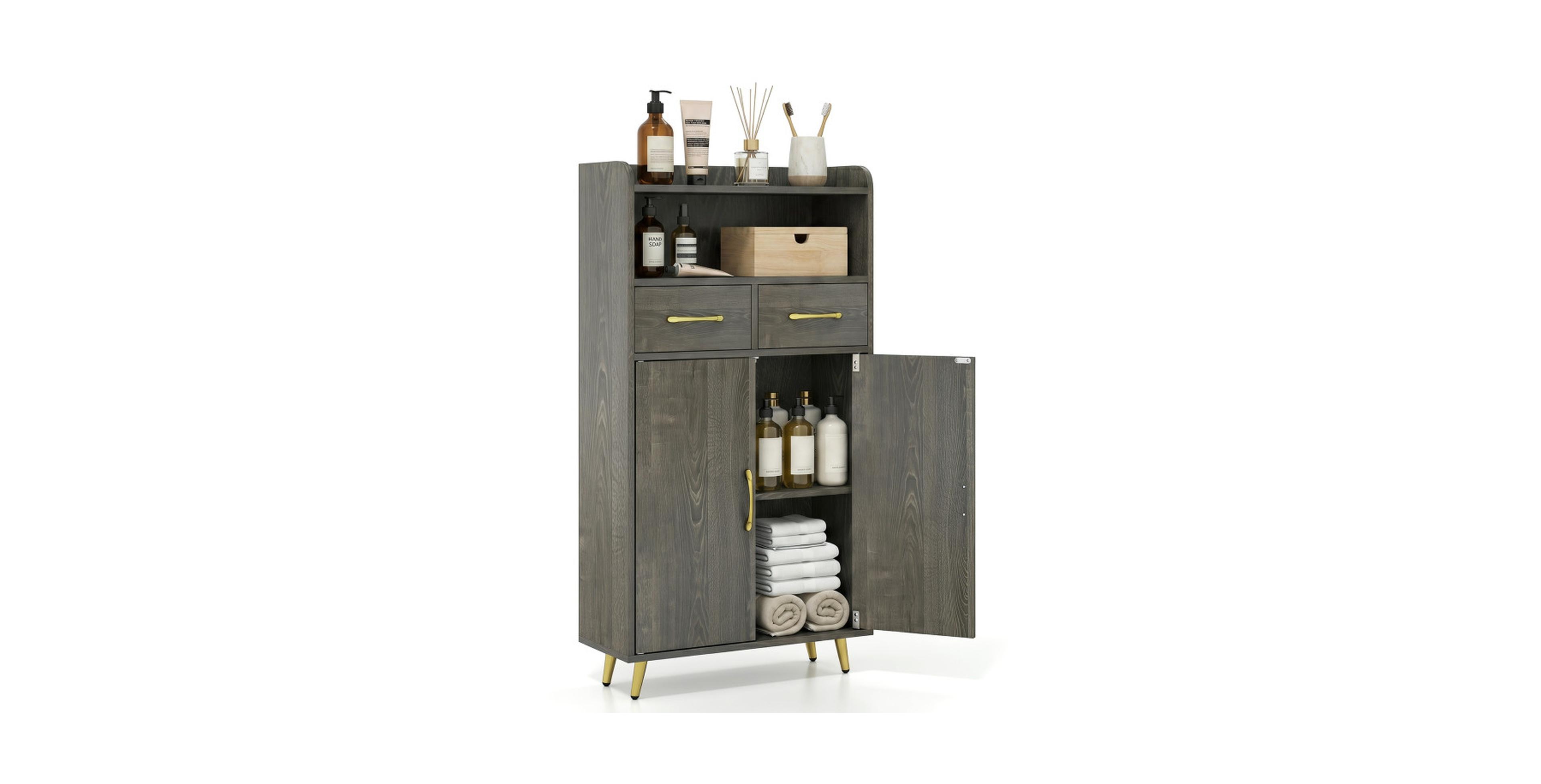 Sugift Freestanding Bathroom Storage Cabinet with Drawers and Doors