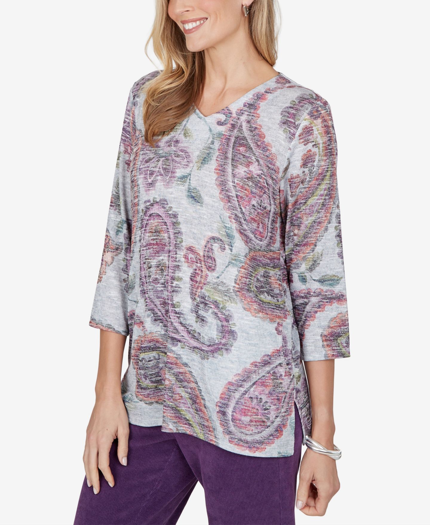 Женский свитер Alfred Dunner Paisley V-Neck 3/4 Sleeve Pullover, цвет: Разноцветный — фото 2