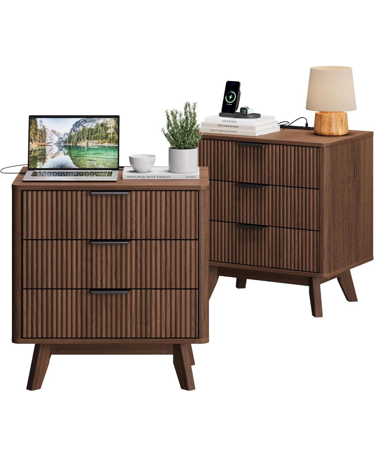 homfan 24" Nightstand Set of 2, Wave 3-Drawer Bedside Table
