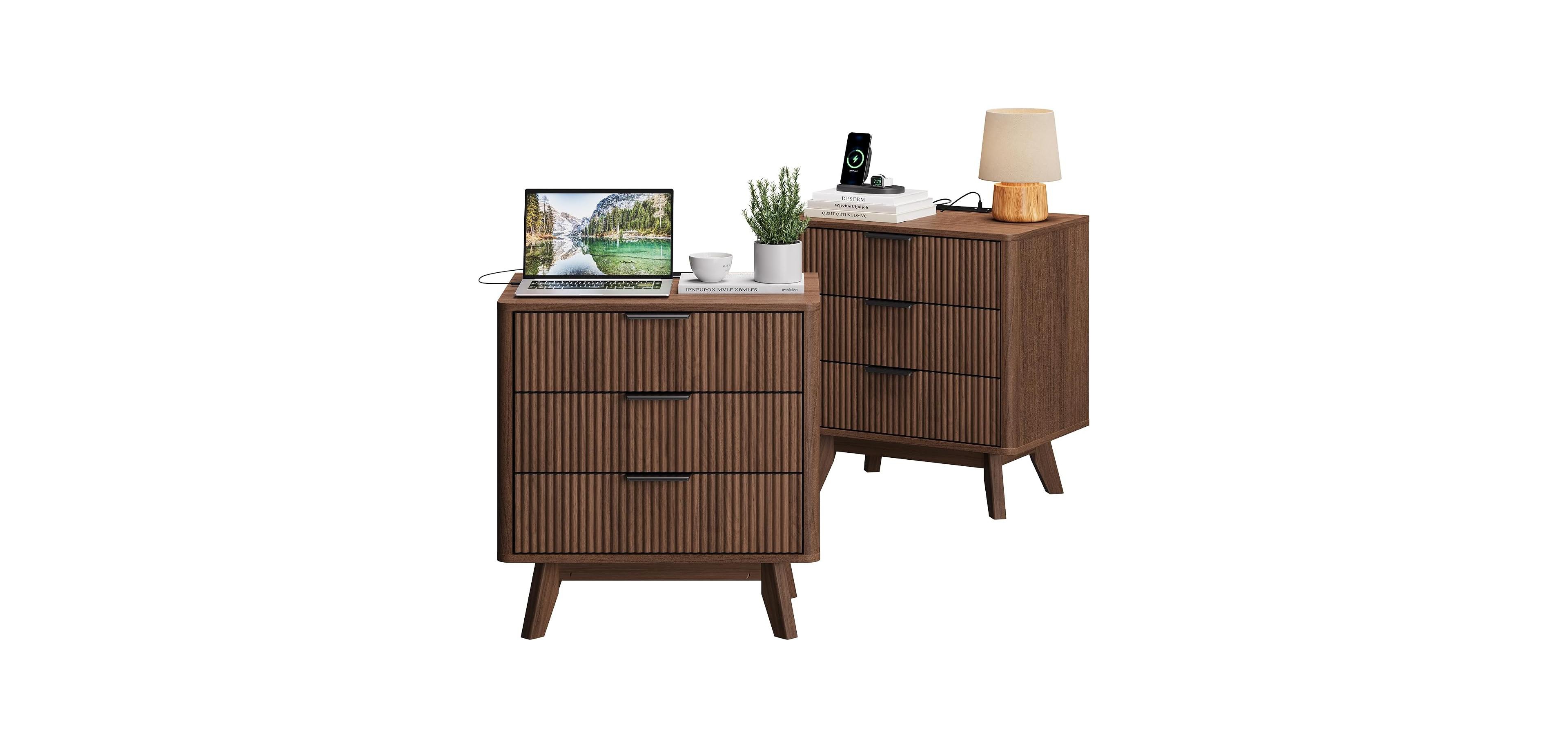 homfan 24" Nightstand Set of 2, Wave 3-Drawer Bedside Table
