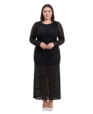 Plus Size Wedding Guest Lace Long-Sleeve Maxi Dress