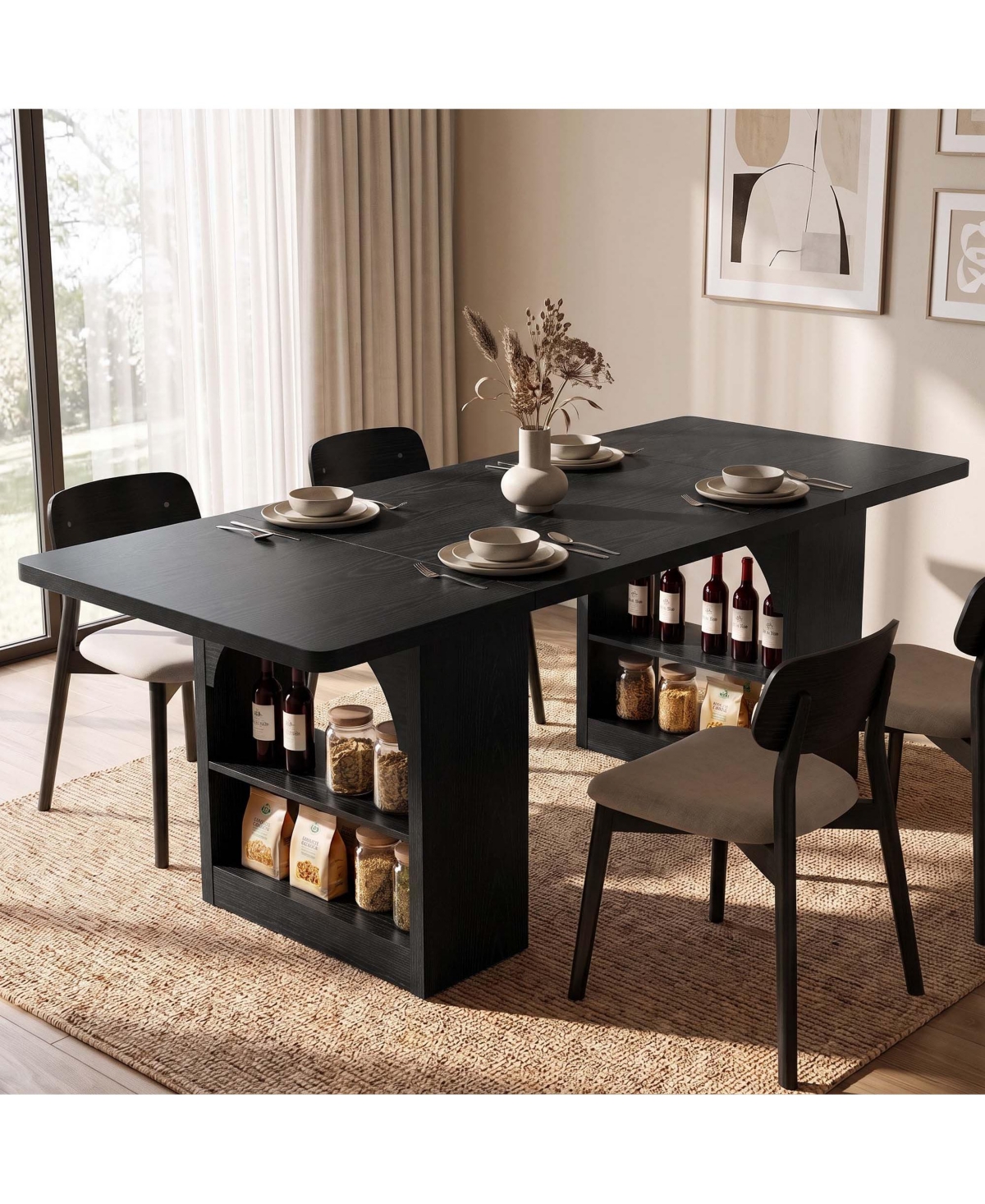 homfan Rectangular Dining Table 70.87 Inch,Arched Leg with Built Storage Shelves, Seats 4 6 People for Room, Meeting Cafe