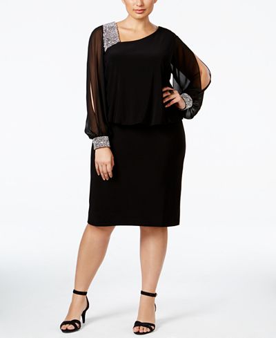 Betsy & Adam Plus Size Embellished Chiffon Popover Dress