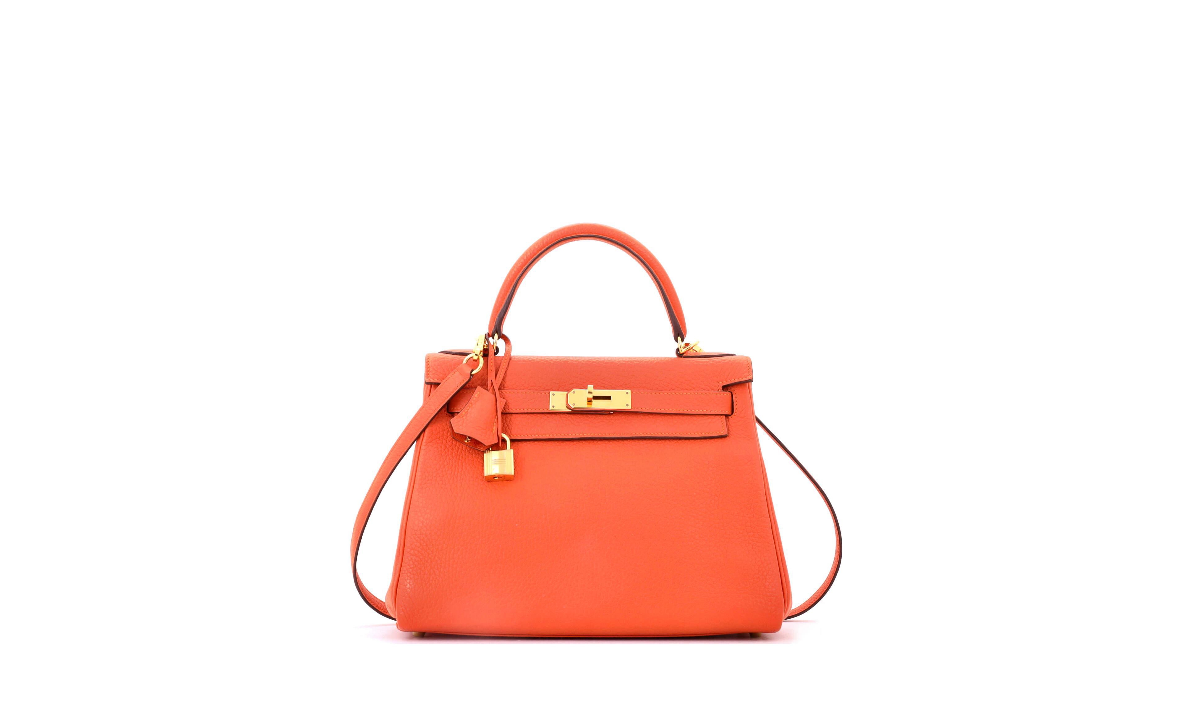 Pre-Owned Hermes Kelly 28 Handbag Orange Clemence with Gold Hardware