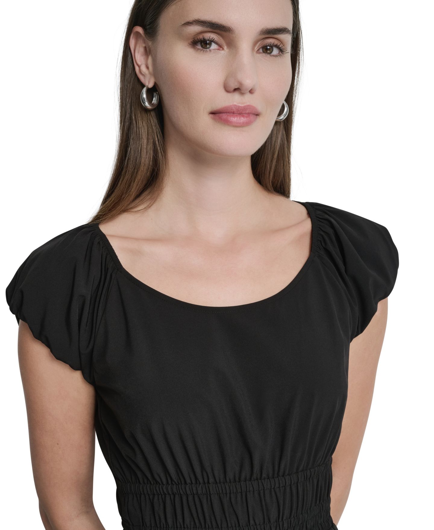 Женское платье DKNY Puff Sleeve Tiered Midi, цвет: Чёрный — фото 4
