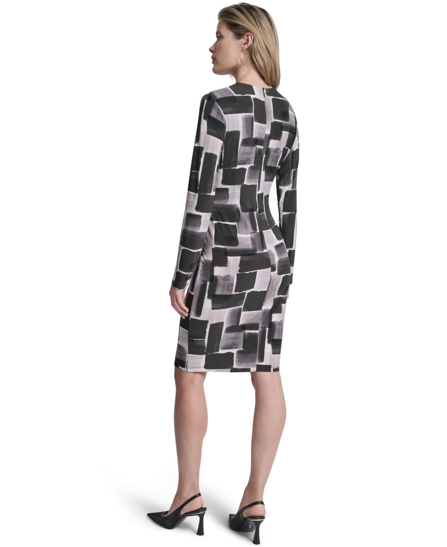 Женское платье DKNY с запахом, V-образным вырезом и длинным рукавом, цвет: Чёрный разноцветный — фото 4