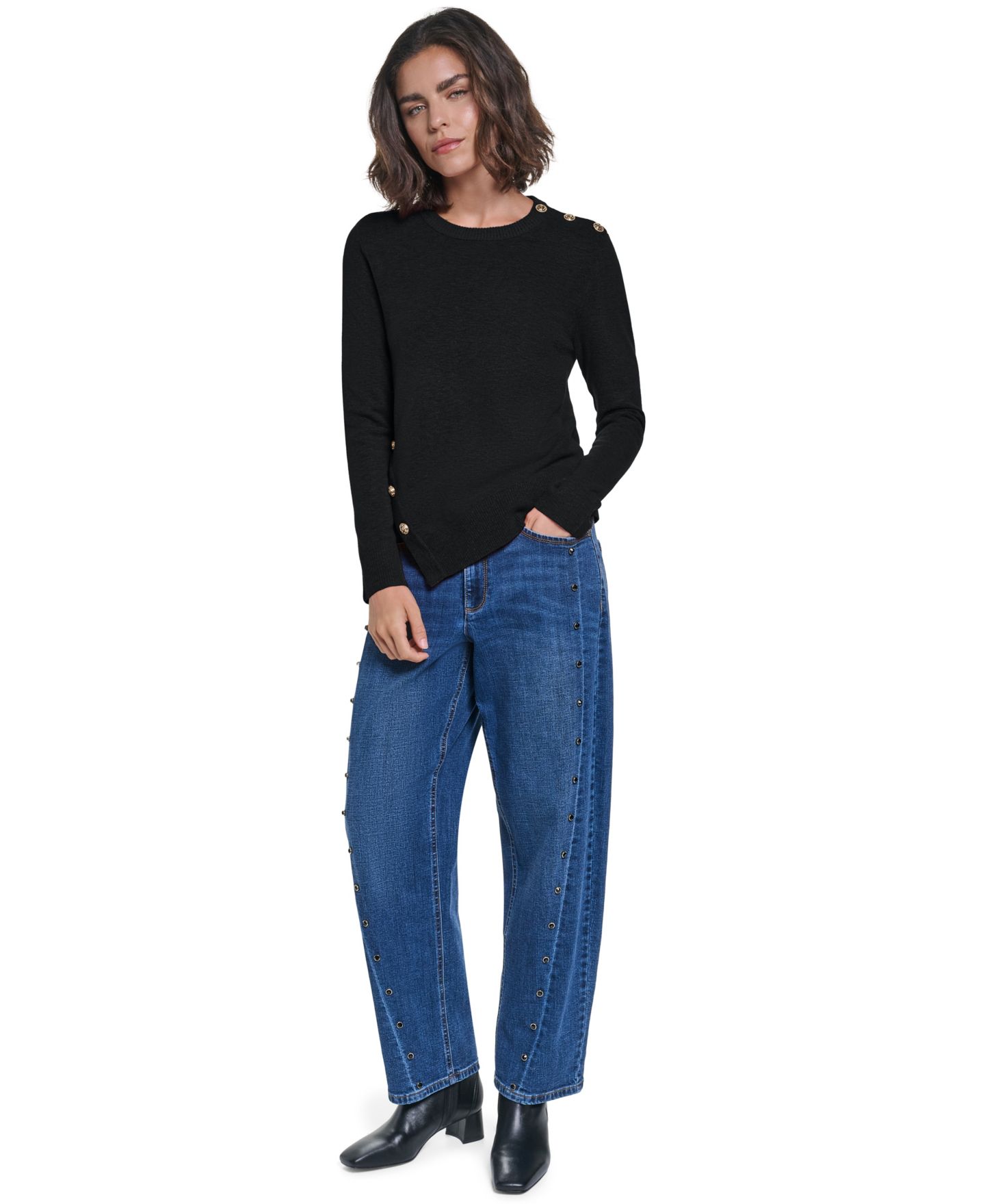 Женский свитер KARL LAGERFELD PARIS Asymmetrical Long-Sleeve Crewneck, цвет: Чёрный — фото 2