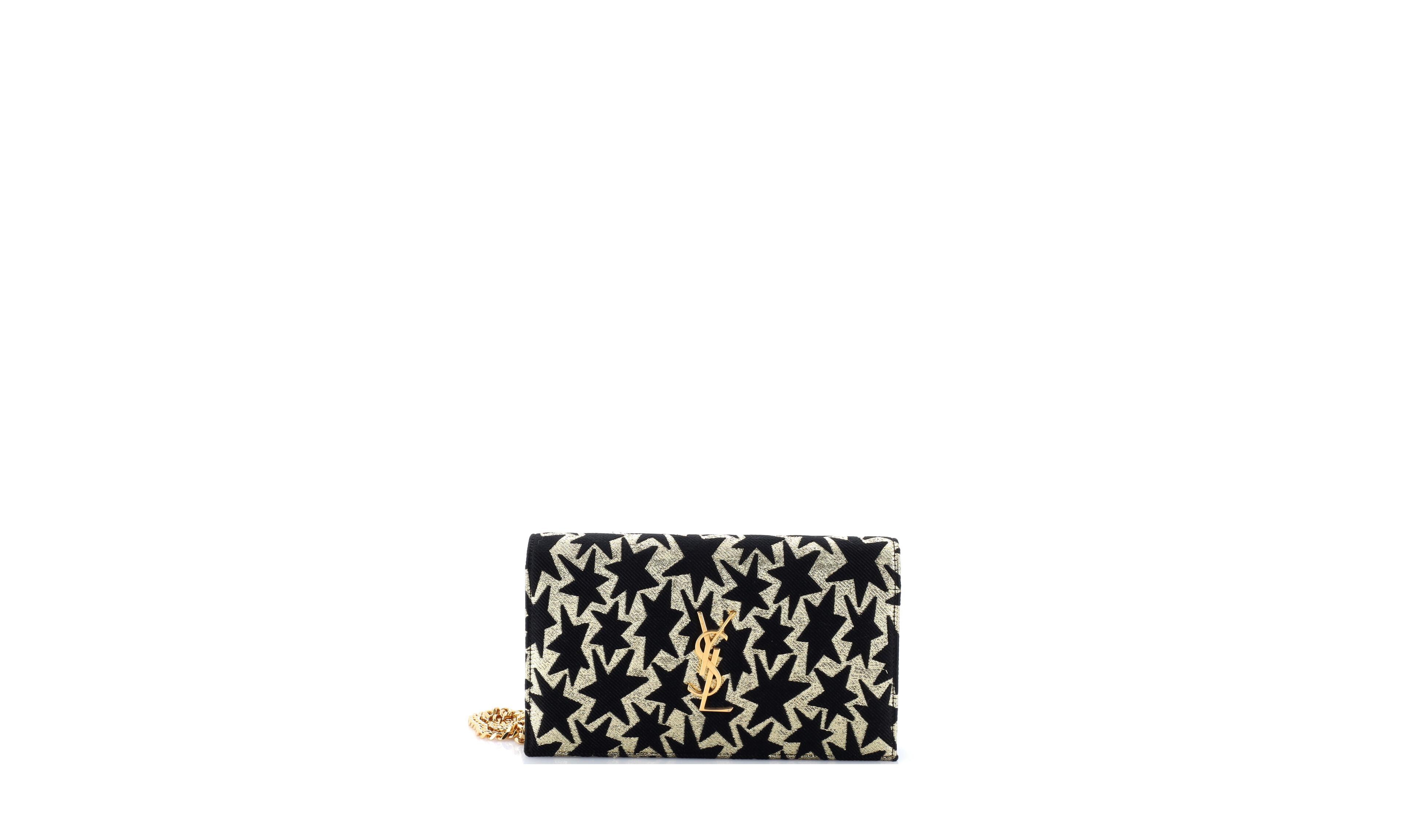 Pre-Owned Saint Laurent Classic Monogram Wallet on Chain Woven Fabric