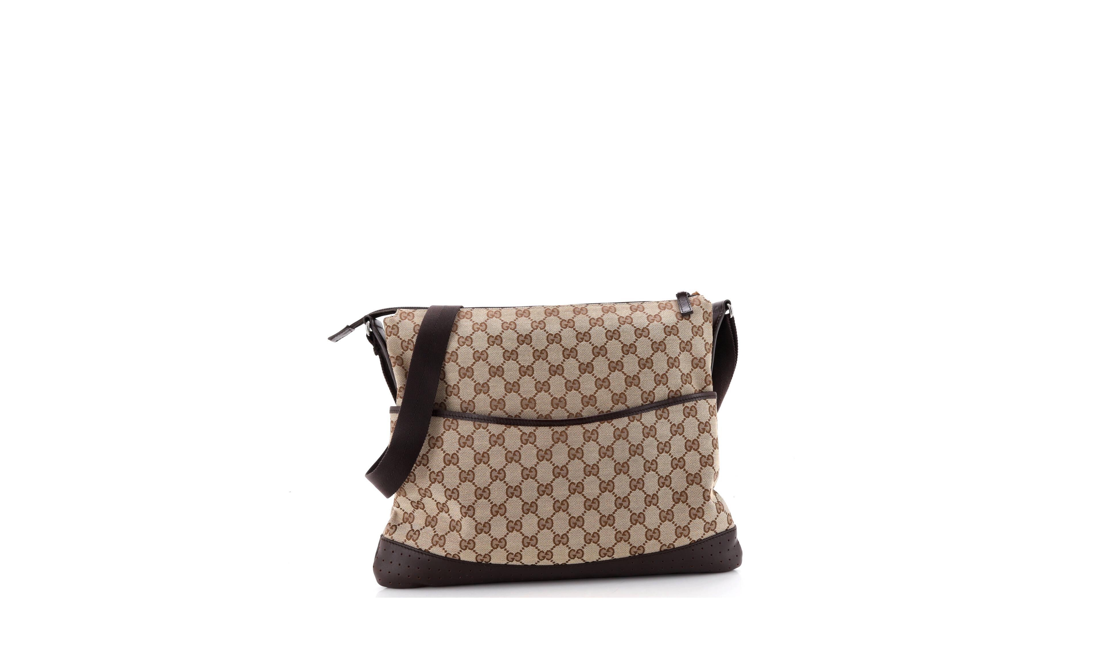 Pre-Owned Gucci Large Zip Messenger Bag Gg Canvas with Perforated Leather