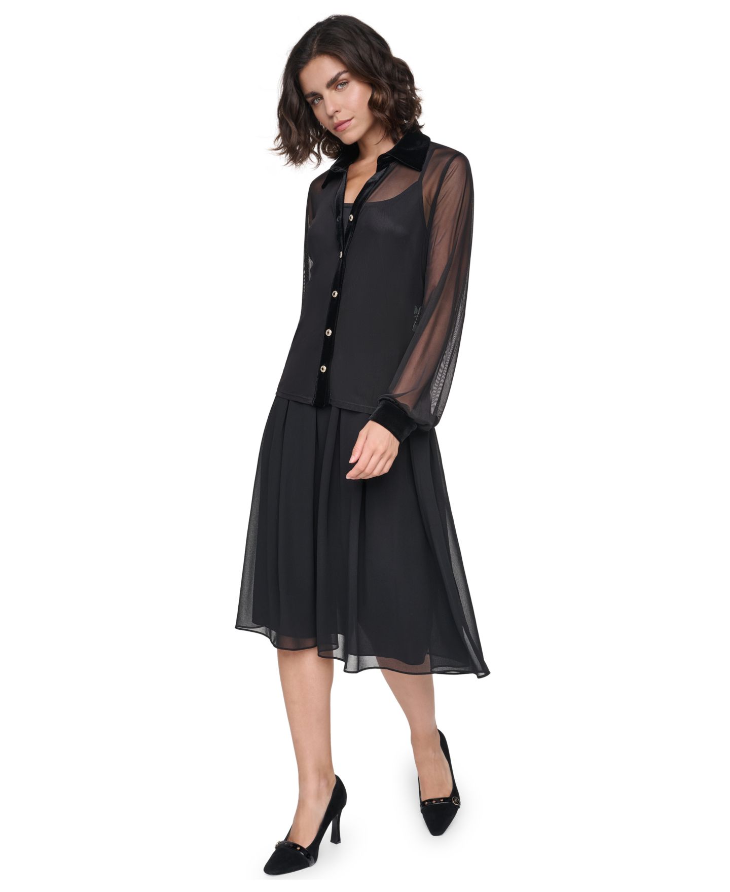Женская рубашка KARL LAGERFELD PARIS Mesh Sheer Long-Sleeve, цвет: Чёрный — фото 2
