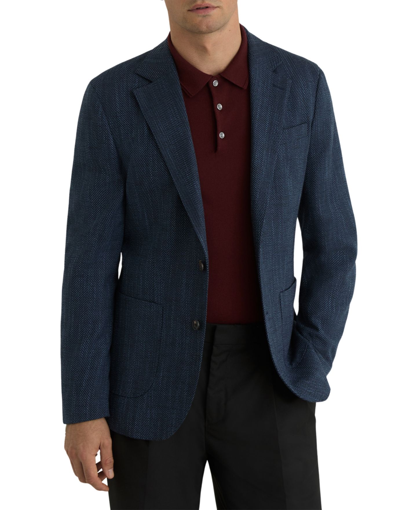 Мужской пиджак REISS Manci Herringbone Single-Breasted Tailored-Fit Blazer, цвет: Тёмно-синий — фото 1
