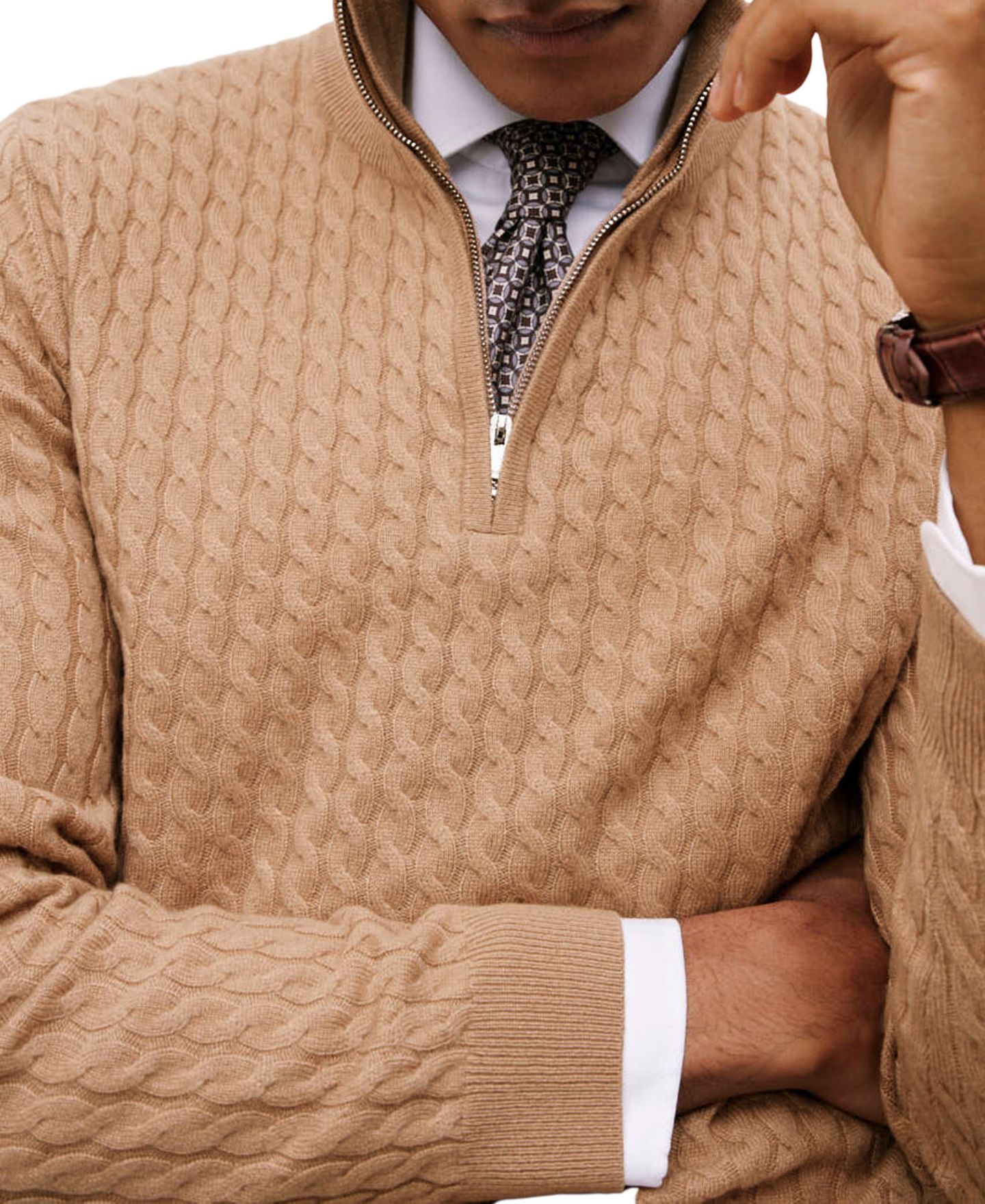 Мужской свитер REISS Richmond Half-Zip Cable-Knit Cashmere, цвет: Верблюжий коричневый — фото 5