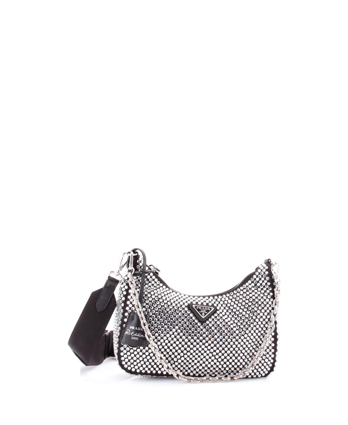 Pre-Owned Prada Small Re-Edition 2005 Shoulder Bag Crystal Embellished Satin - Black