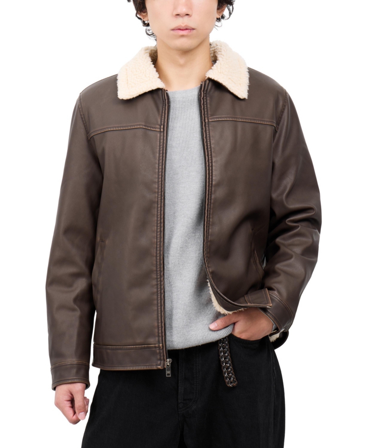 Xray Men's Regular Fit Brushed Faux Leather Aviator Jacket - Brown